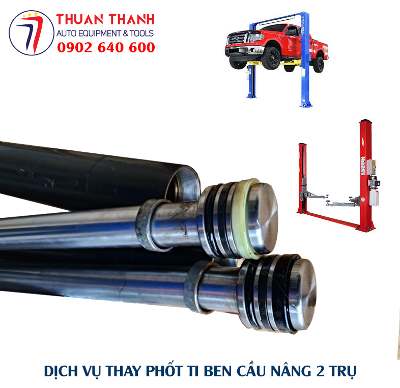 Thay phốt cầu nâng ô tô 2 trụ bị xì dầu nhớt ở trong garage ô tô