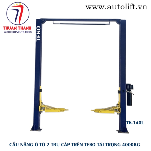 Cầu nâng ô tô 2 trụ TEKO tải trọng 4 tấn TK-140L màu xanh giằng trên giật lock 2 bên