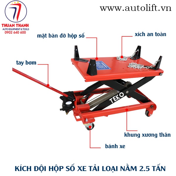 Kích nâng đội hộp số xe tải nặng loại nằm 2.5 tấn có 4 bánh xe di chuyển